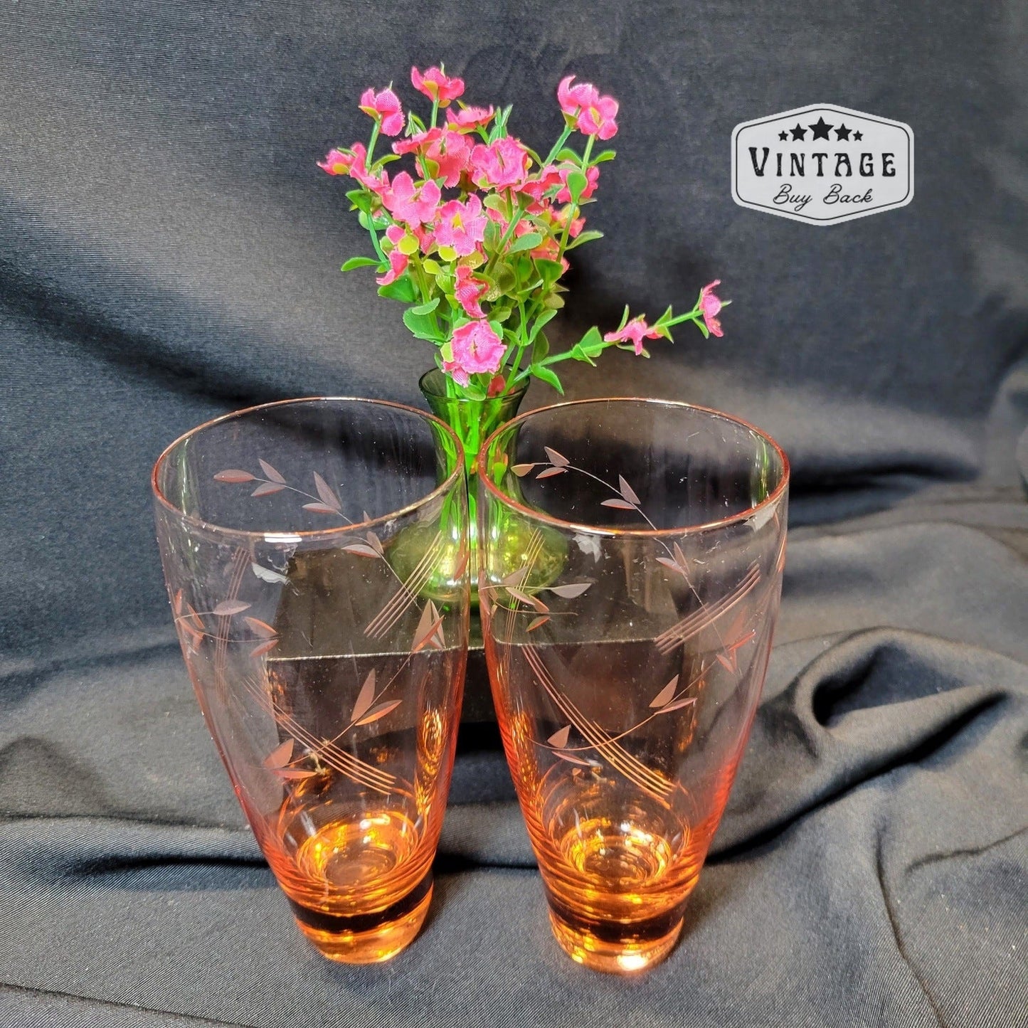 Vintage Pink Etched Floral Glass Tumblers