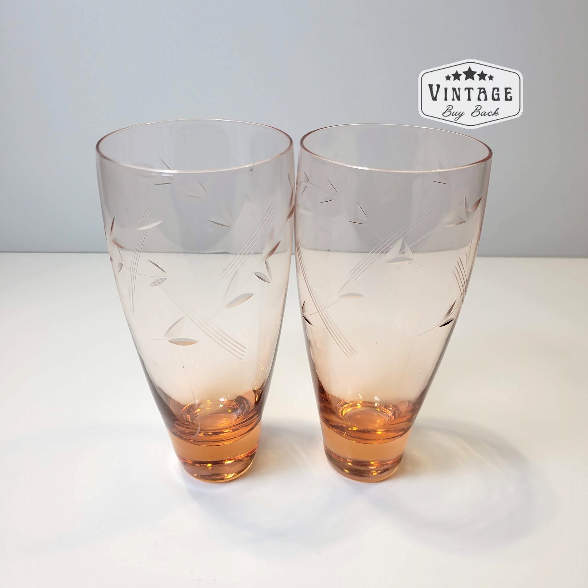 Vintage Pink Etched Floral Glass Tumblers