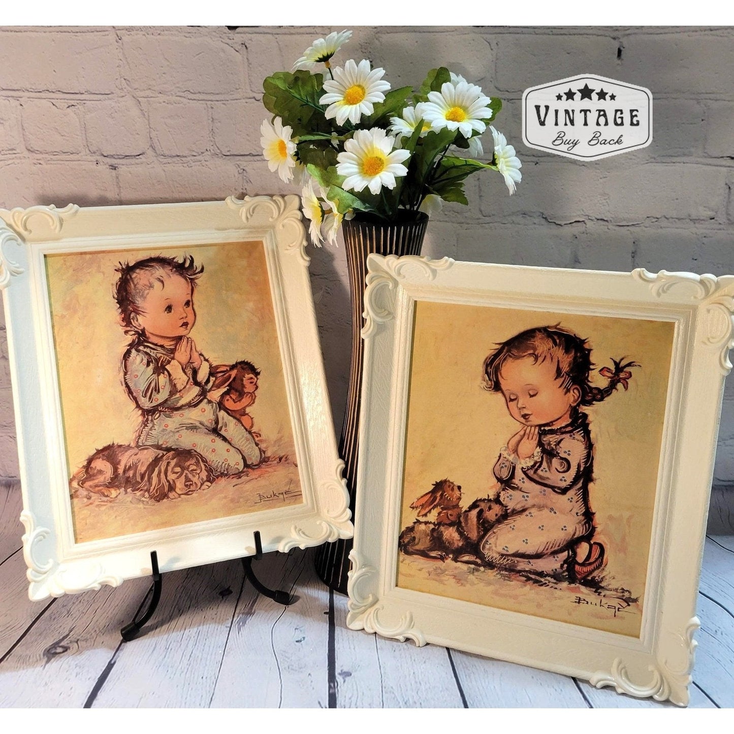 Vintage Bukac Praying Boy/Girl Framed Lithograph Art Prints