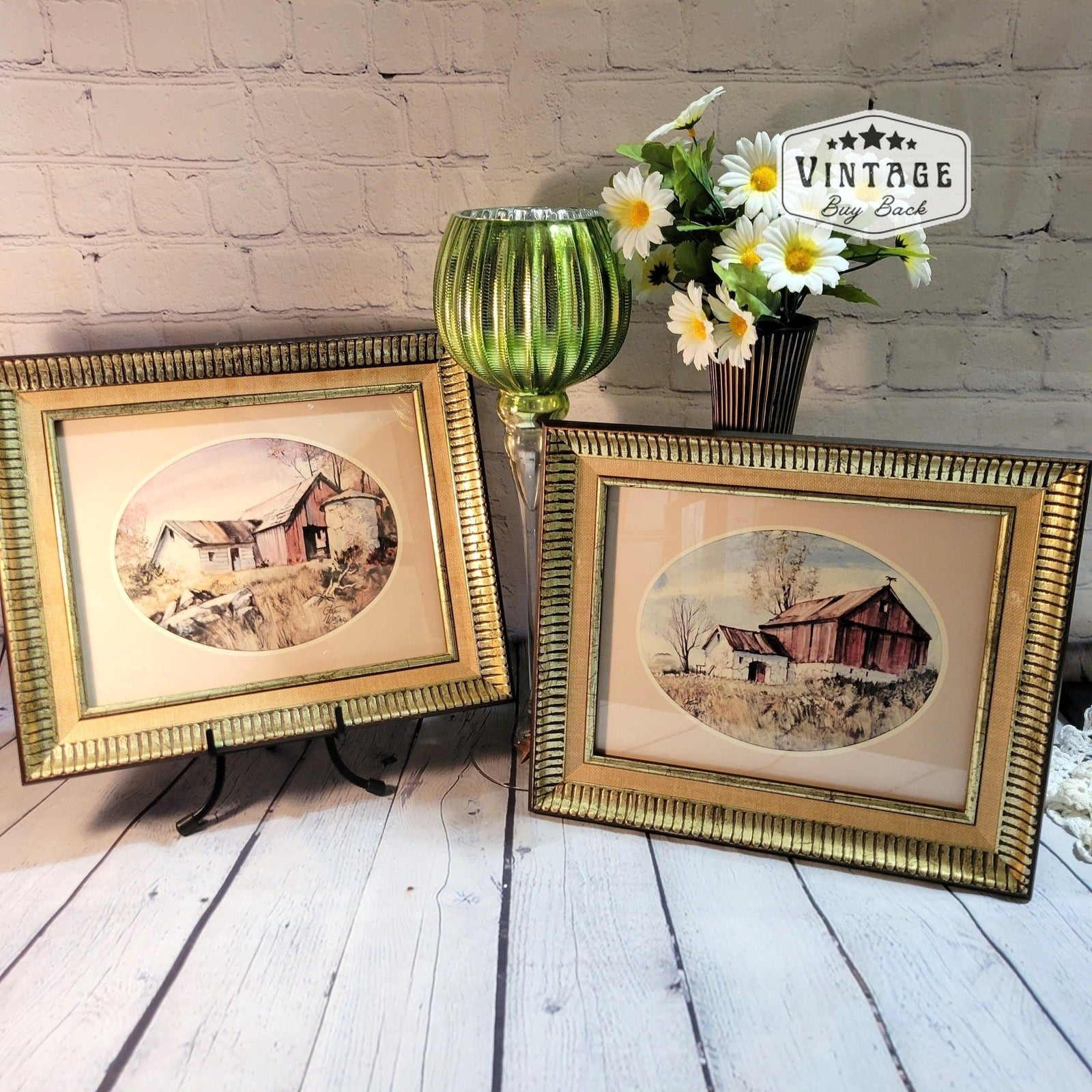 Vintage Pair of Framed Barn Prints signed Gustave Wander