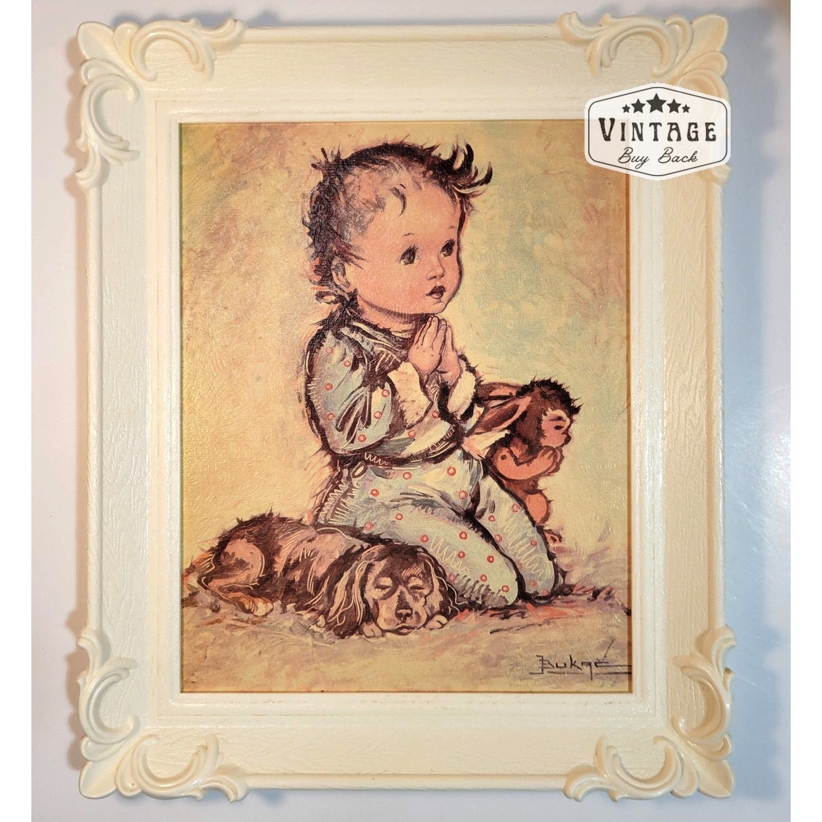 Vintage Bukac Praying Boy/Girl Framed Lithograph Art Prints