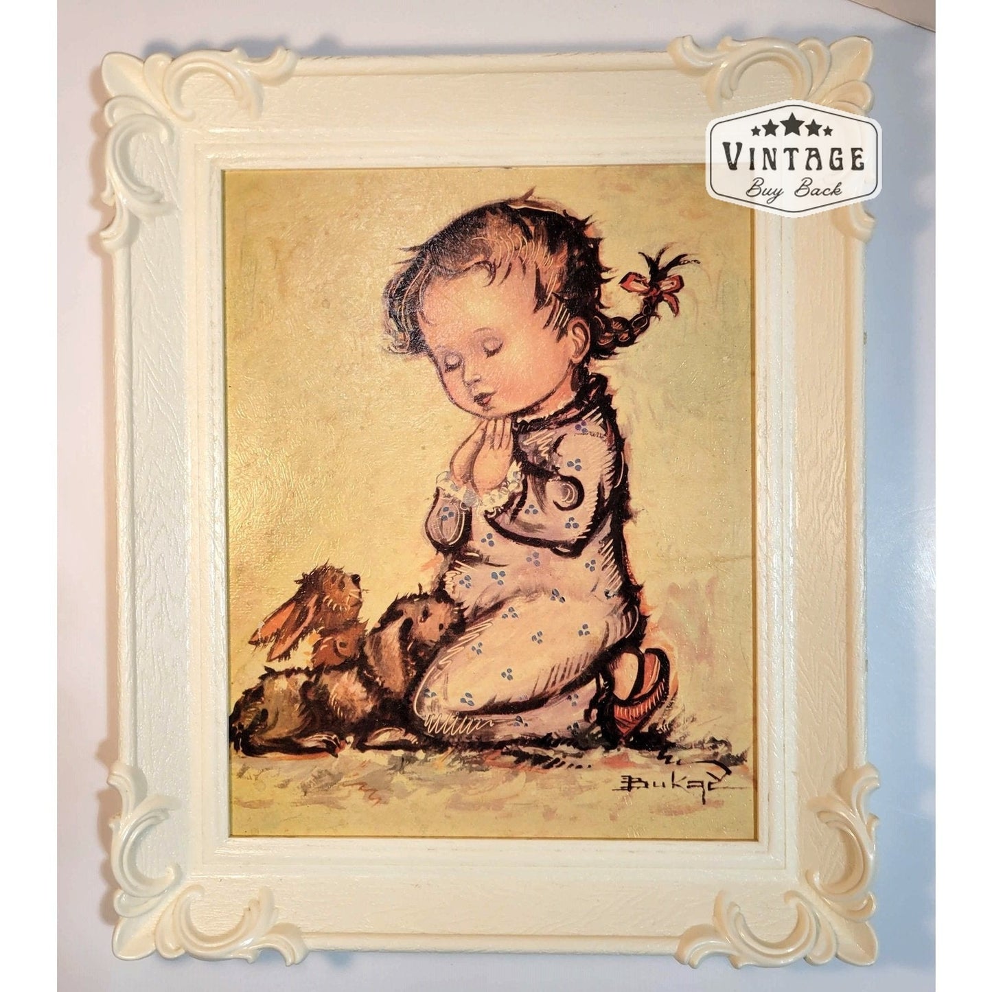 Vintage Bukac Praying Boy/Girl Framed Lithograph Art Prints