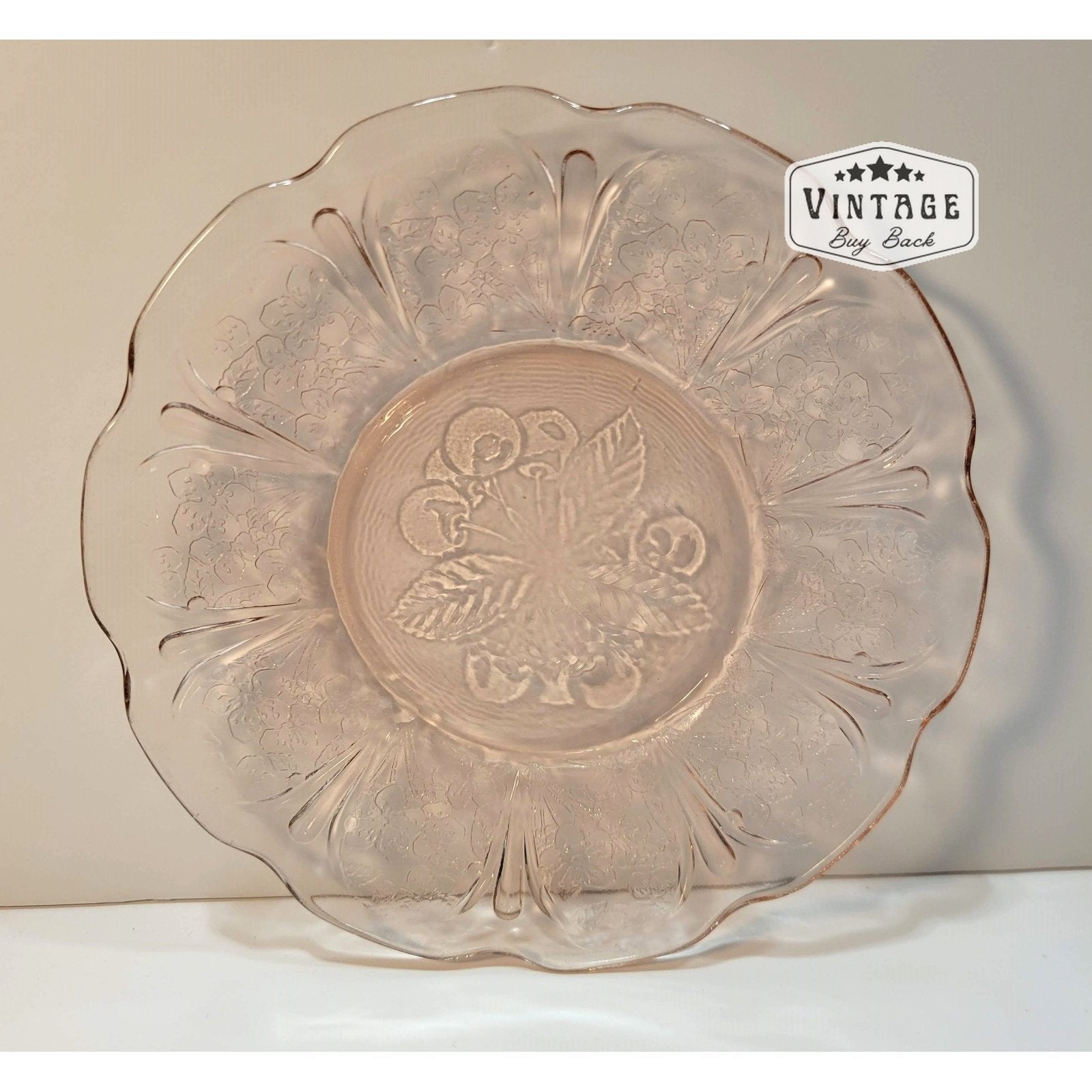 Vintage Pink Depression Glass Plate or Saucer, Cherry Design, Scalloped Edge