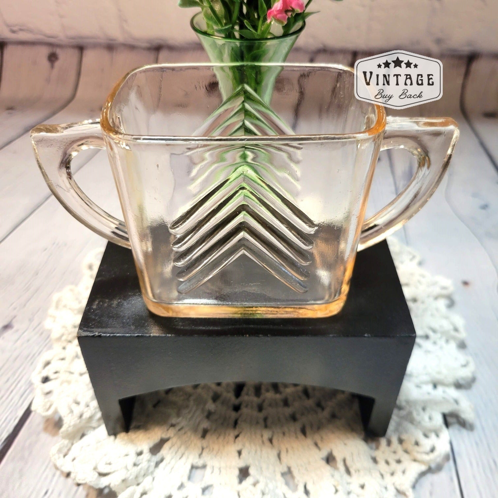 Vintage Chevron Pattern Pink Depression Glass Sugar Bowl by Hazel Atlas