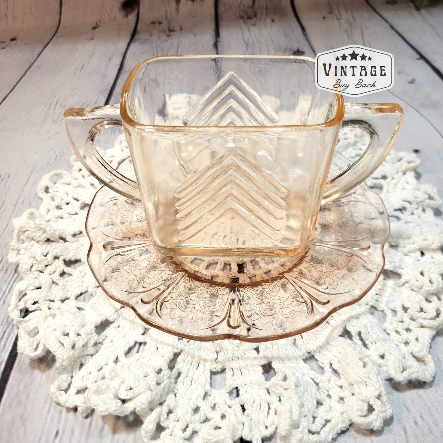 Vintage Chevron Pattern Pink Depression Glass Sugar Bowl by Hazel Atlas