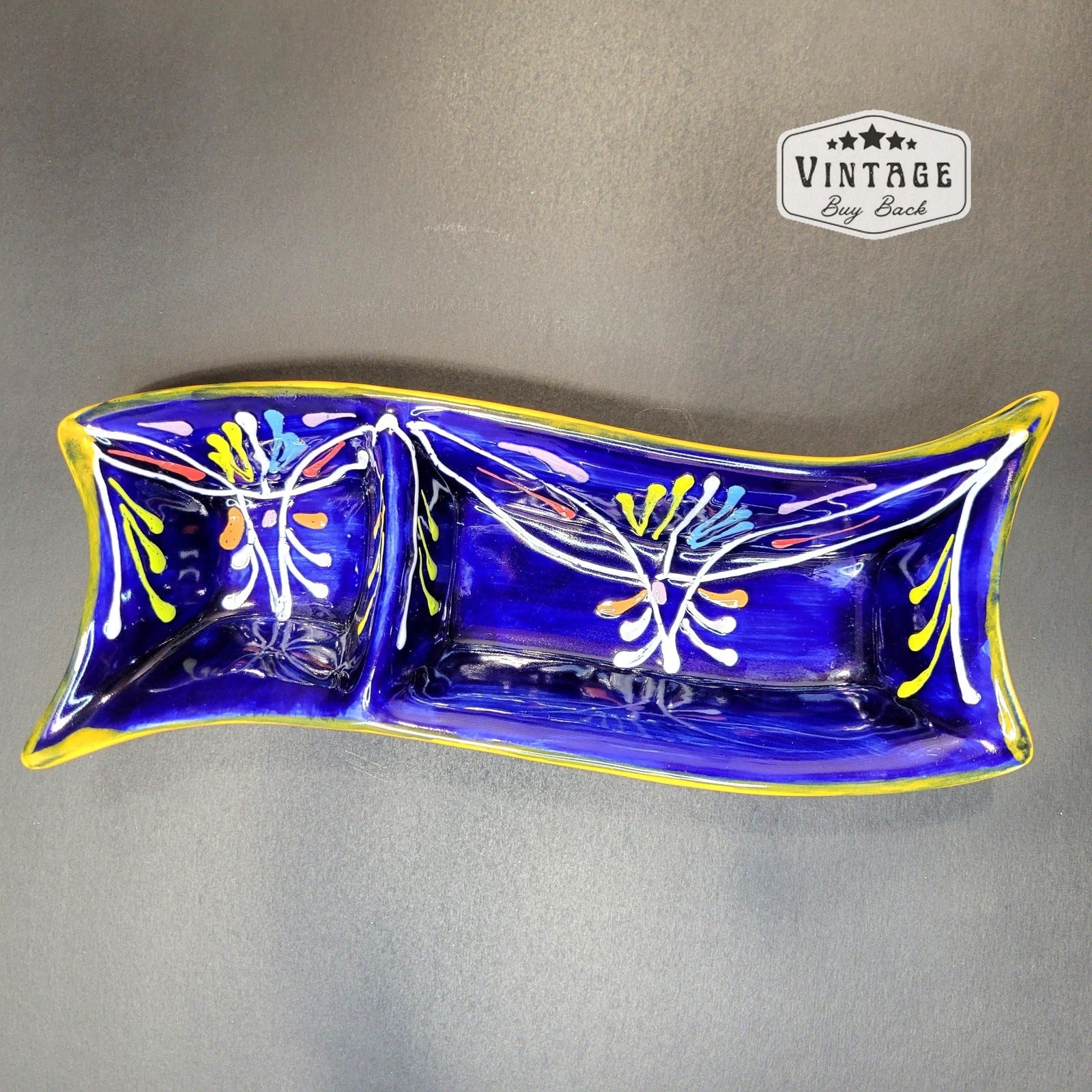 Spanish Hand Painted divided pottery dish Antonio Ortiz Ruiz