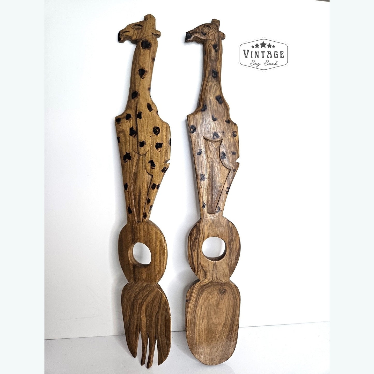 Folk Art Cultural African Giraffe Wooden Salad Spoon and Fork