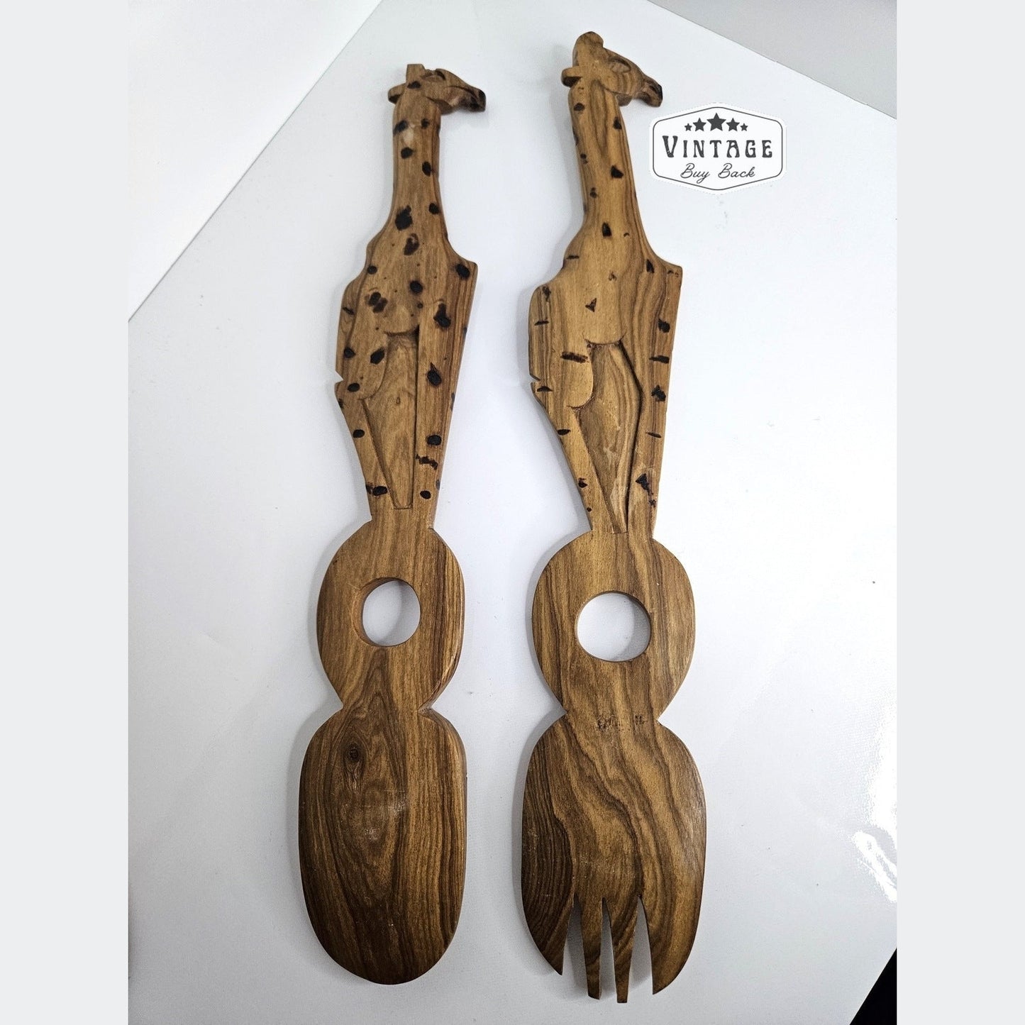 Folk Art Cultural African Giraffe Wooden Salad Spoon and Fork