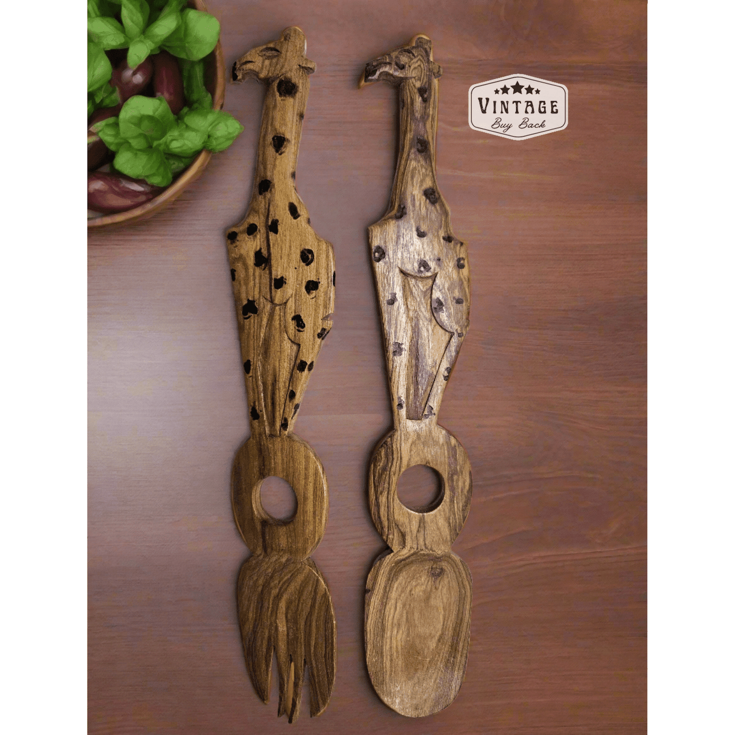 Folk Art Cultural African Giraffe Wooden Salad Spoon and Fork