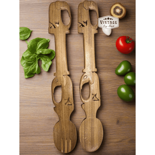 Folk Art Cultural African Elephant Wooden Salad Spoon and Fork