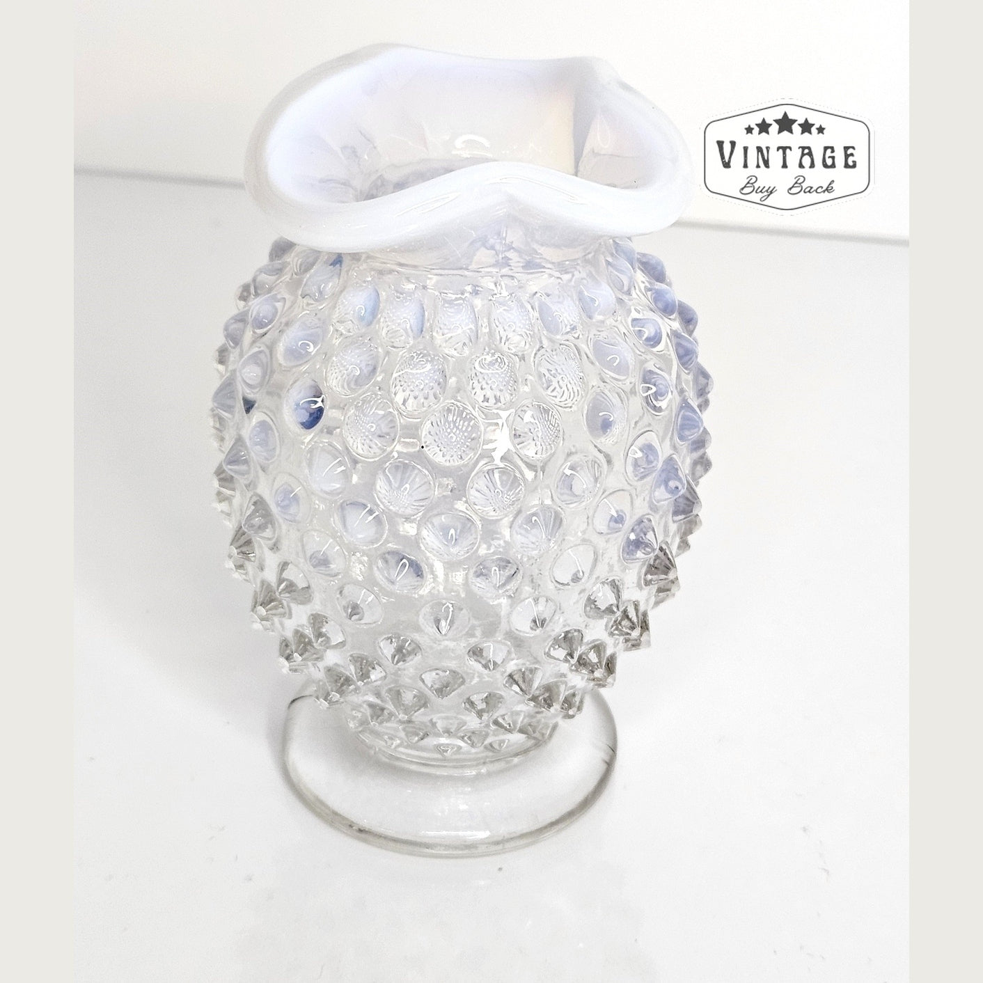 Vintage Fenton Clear/White Opalescent Ruffled Hobnail Small Bud Vase