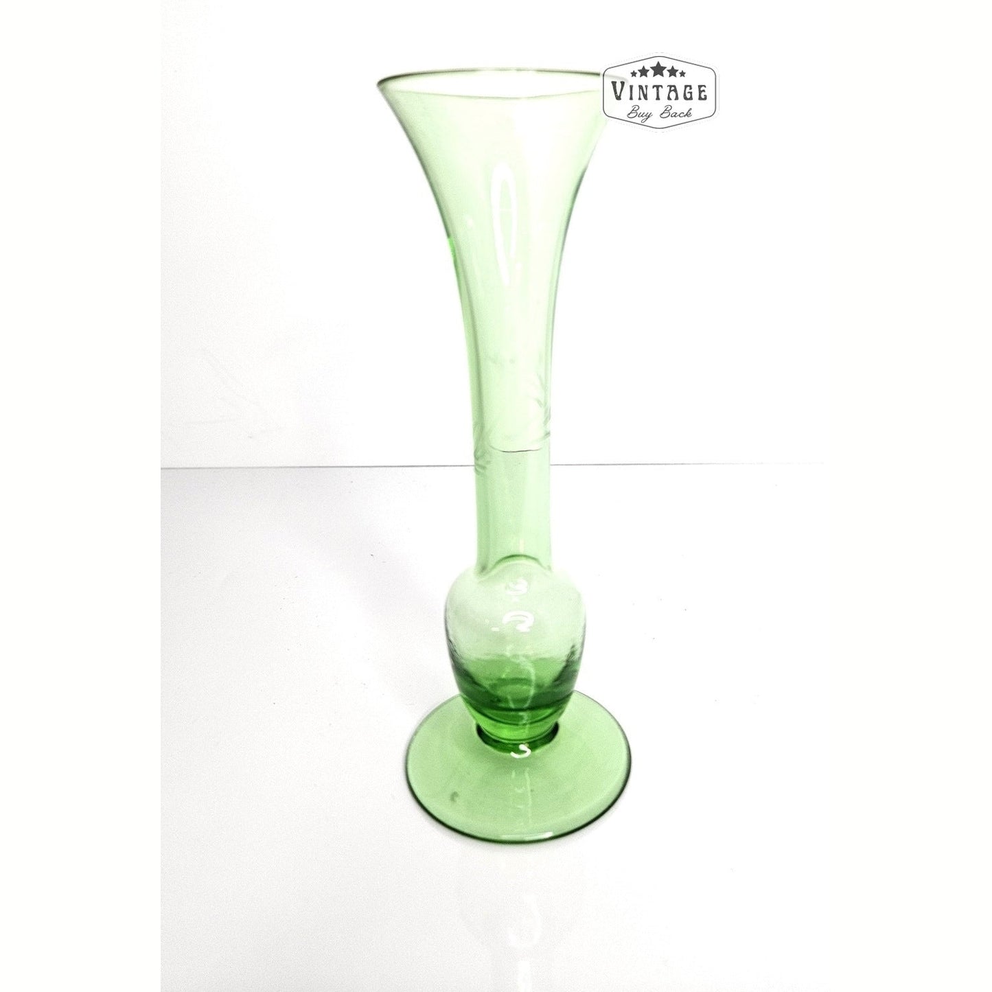 Vintage Berry Plant Etched Green Glass Bud Vase 6"