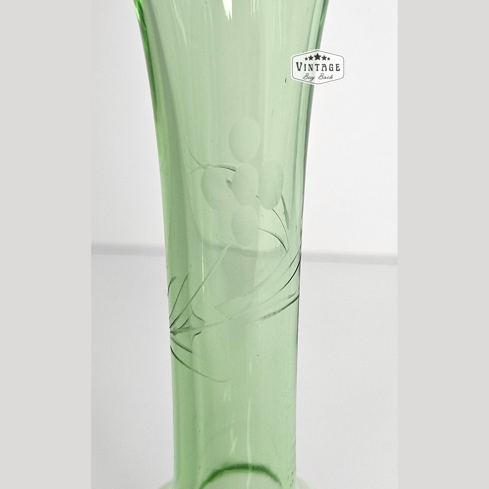 Vintage Berry Plant Etched Green Glass Bud Vase 6"