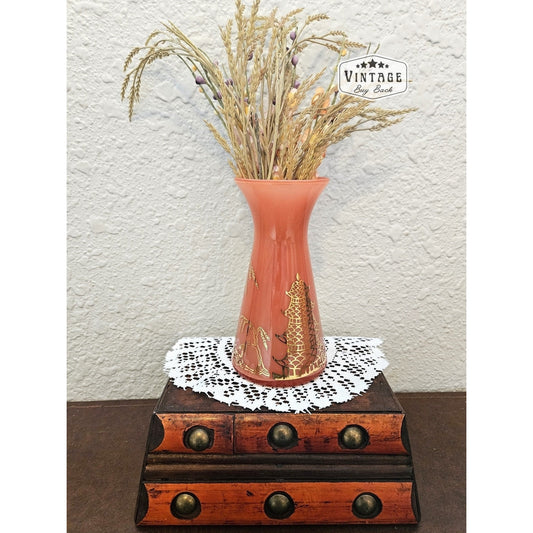 Vintage Coral Colored Glass Vase With Asian Gold Painted Pagoda and Trees