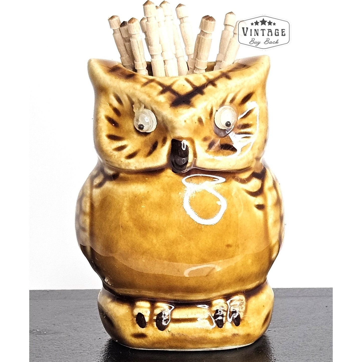 1970s Vintage Owl googly eyes ceramic Toothpick Holder